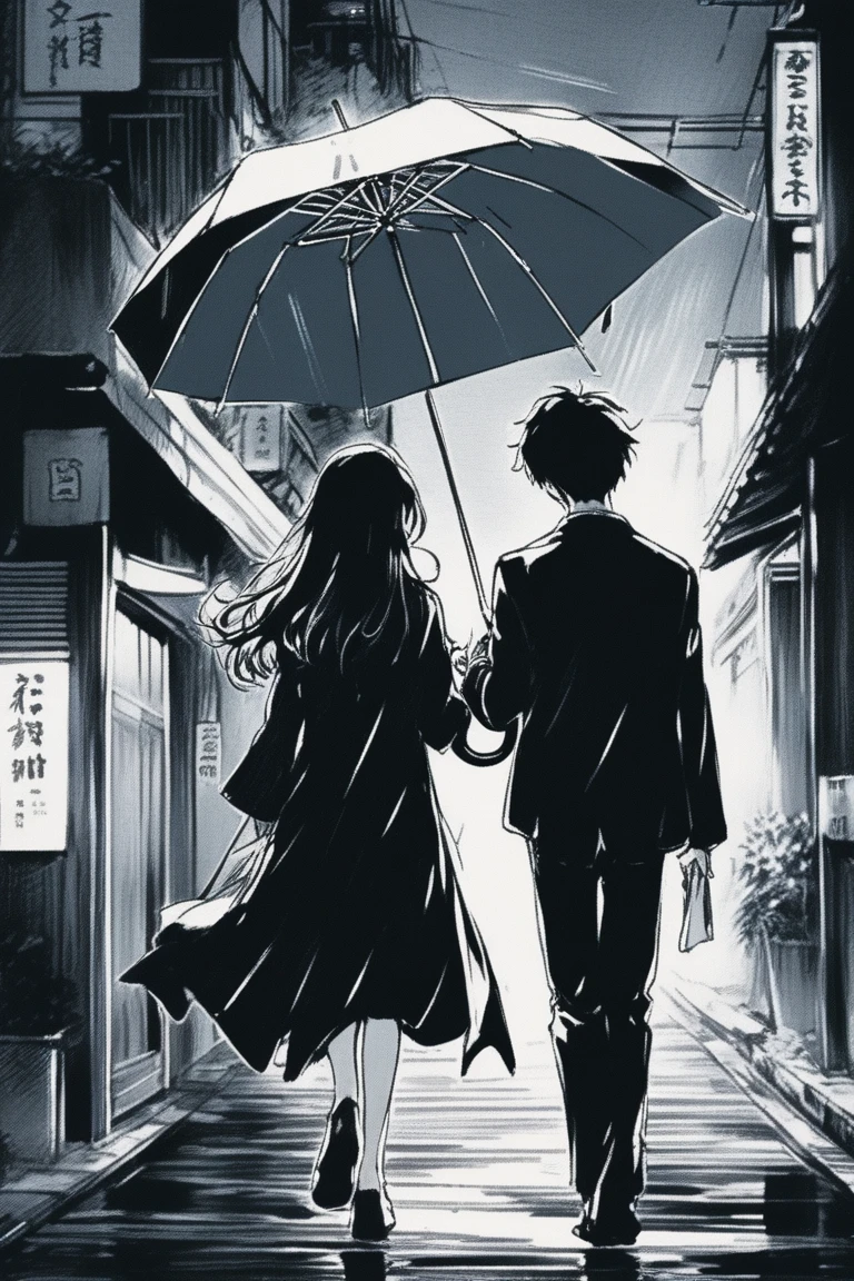 (Highest quality, sketch:1.2),(Highest quality:0.8), (Highest quality:0.8), Perfect illustration((masterpiece, Highest quality)), Illustrator, anime , Realistic ,sketch , night, nighttime, Realistic, Hard Shadows, masterpiece, Highest quality, complicated, , Vintage, Film Grain、Clear eyes and contours、men and women、冷めたmen and women、A couple on the verge of breaking up、Walking with your back turned while holding an umbrella、good bye、Emotional、Old Film、Nostalgia