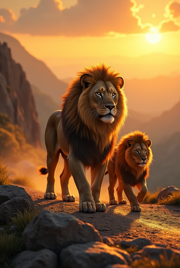 A lion walks on a crowned lion in pride at sunset on a mountain road. , real ,Masterpiece, High detail ,As if it is happening in reality