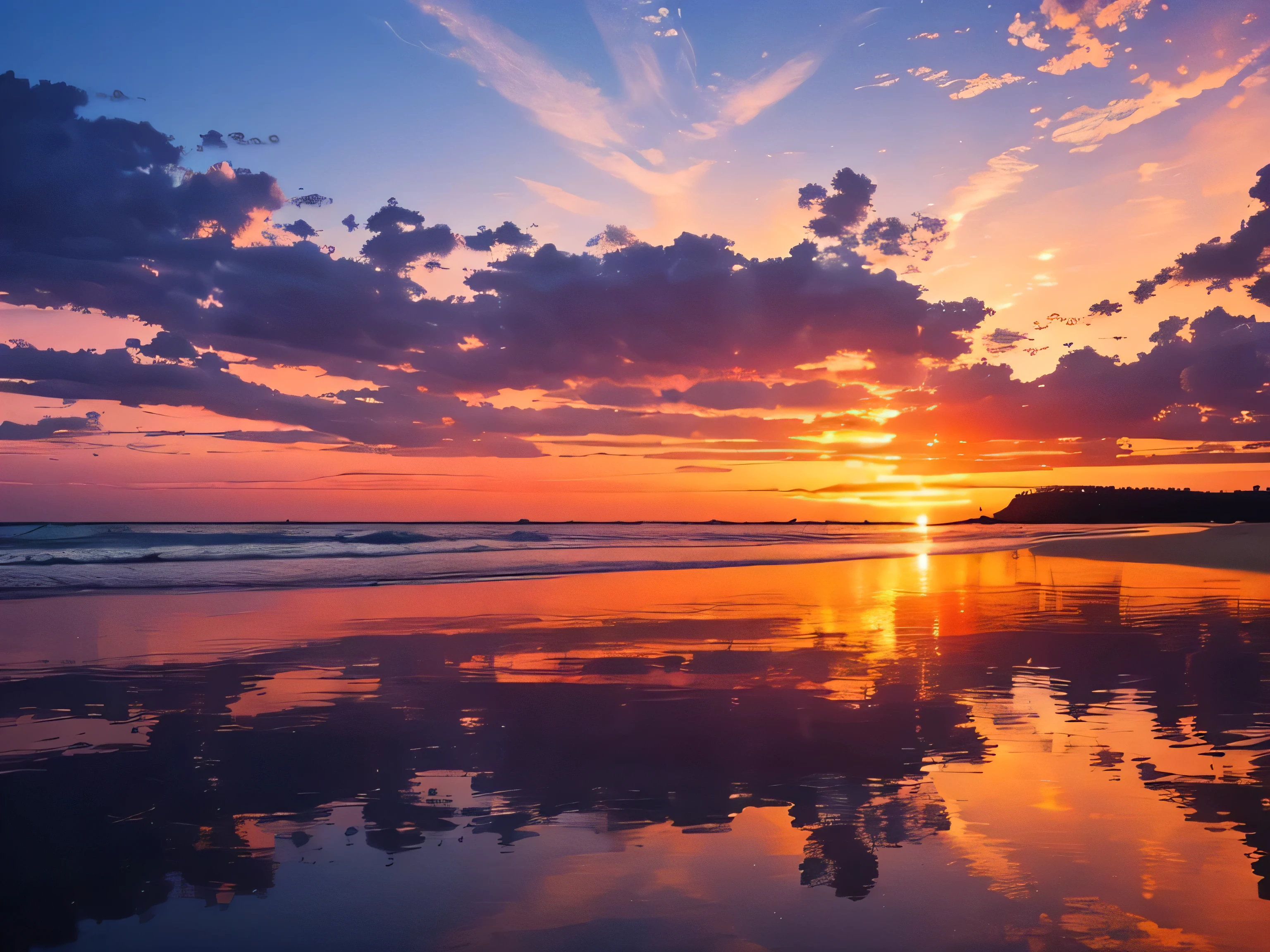 Sunset Serenity Beach: A breathtaking sunset paints the sky in hues of orange and pink over a tranquil beach, Reflected on the still water.