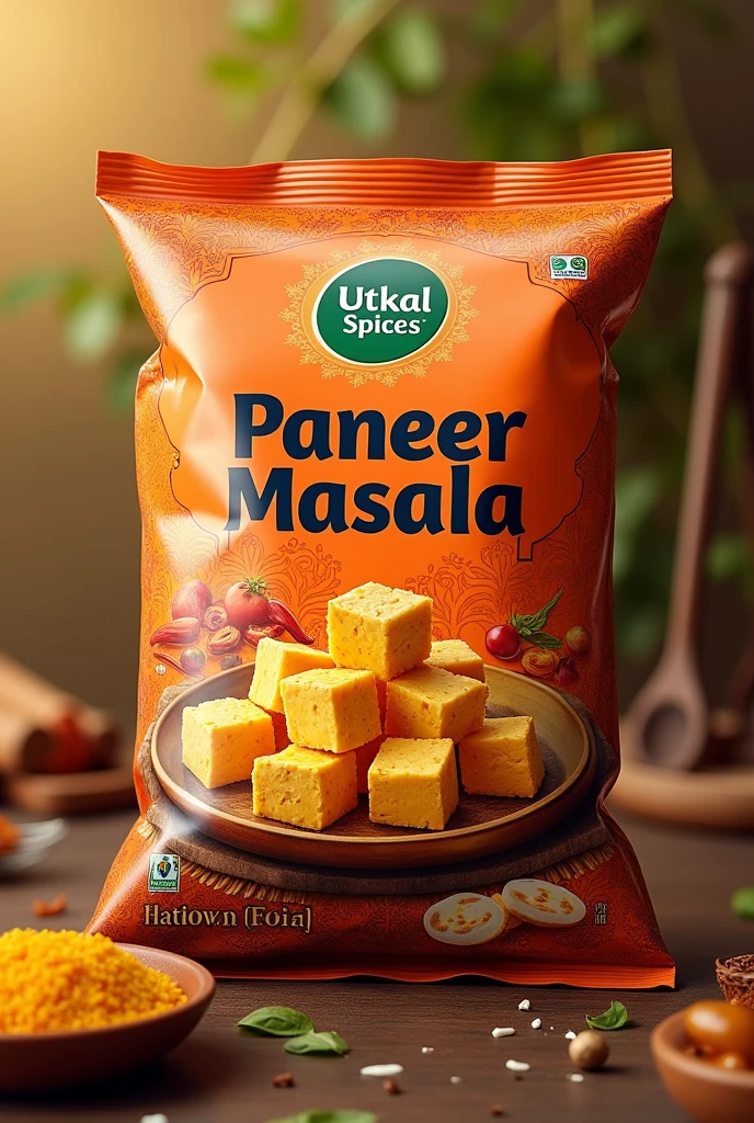 Make a packet design of brand name " Utkal Spices "and product name "Paneer Masala" with Paneer Masala pieces as indian brand 
 no other languages text will uses