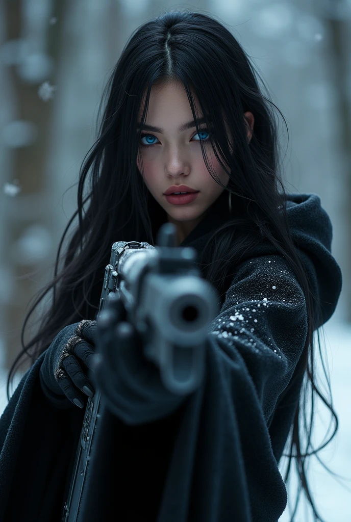 Long jet black hair, (bright sapphire blue eyes), female, (detailed eyes), full lips, dressed in black robe, (holding a machine gun), dark dynamic pose, (8k, RAW photo, photorealistic), (lots of eyelashes, best quality, ultra high resolution, depth of field, wide light, natural color, picture from a distance, hair with many details, beautiful, ana de armas, medium breasts, 8k artgerm bokeh, fanart best artstation, photorealistic render, guweiz style art, inspired by WLOP, ig | artgerm model, deviantart artstation cgscosiety, dark forest background, forest view with snow, full image, full body.