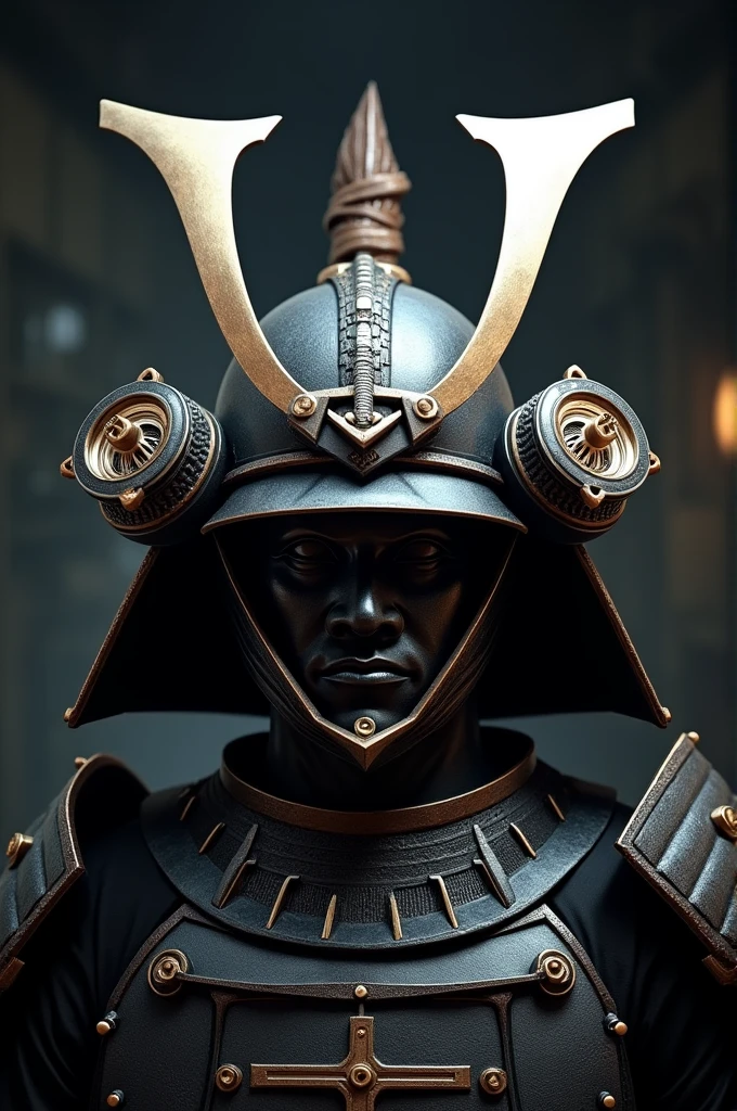 Samurai head design with engine parts crossed behind the head
