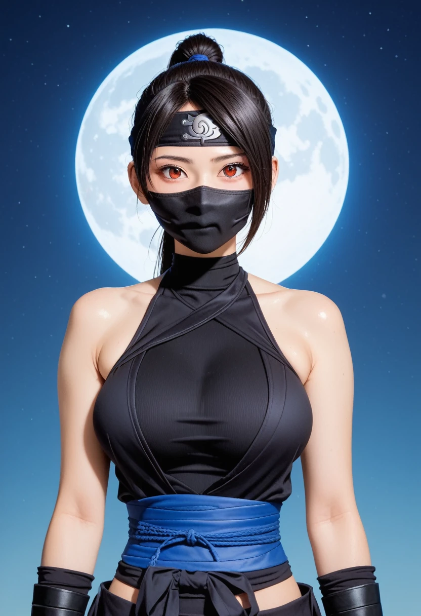 score_9,score_8_up,score_7_up,(pastel-color),(high brightness colors),Cute 20-year-old Japanese 1 girl,solo,(8k, masterpiece, ultra-detailed, best quality, ultra high res, newest, very aesthetic, absurdres, illustration, perfect composition),(hires),looking at viewer,black hair,shiny skin,fair skin,(upper body:1.5),toothless smilev,emphasizing her curvy body and large breasts,(ninja:1.5),(ninja mask:1.3),A sexy female ninja in a tight black ninja outfit, perfectly fitted to emphasize her curves, sharp gaze while holding shurikens, background of a full moon and bamboo grove