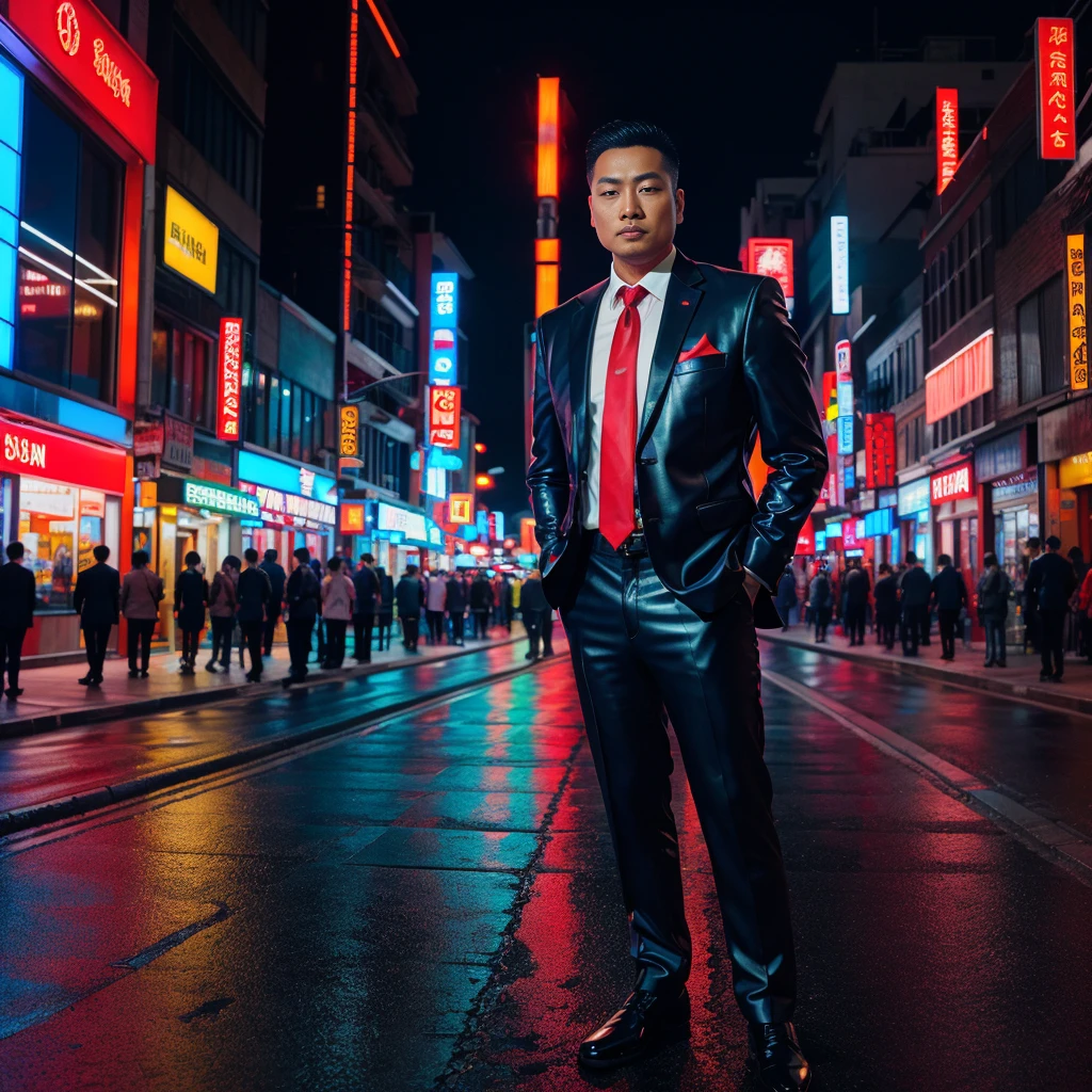 Asian man looking straight into the street at night, Modern glossy black leather suit with bright red and blue tie., Exaggerated colors, 8K images, Shot with a high quality camera with 45000000000 pixels.
