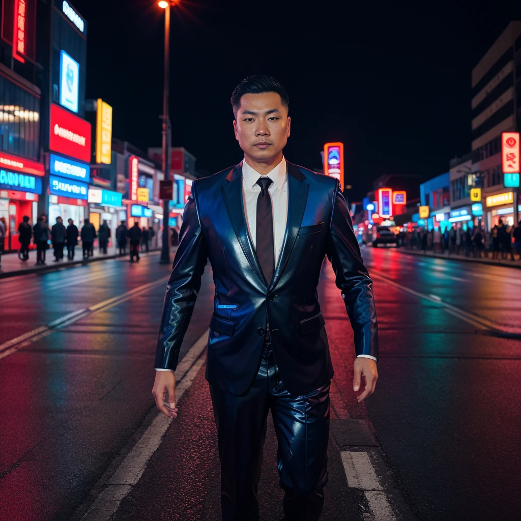 Asian man looking straight into the street at night, Modern glossy black leather suit with bright red and blue tie., Exaggerated colors, 8K images, Shot with a high quality camera with 45000000000 pixels.