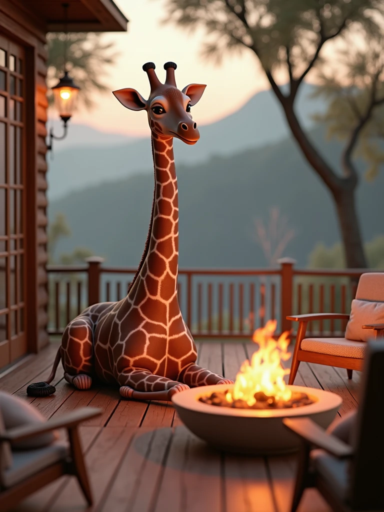 araffe sitting on a deck with a fire pit and chairs, unreal engine ; romantic theme, unreal 5 engine rendered, cinematic render unreal engine, unreal engine cinematic, cinematic unreal engine, unreal 6 breathtaking detailed, realistic unreal engine 3 d game, cinematic smooth unreal engine, rendered unreal engine 5, rendered in unreal 5, unreal engine realistic render, highly realistic unreal engine