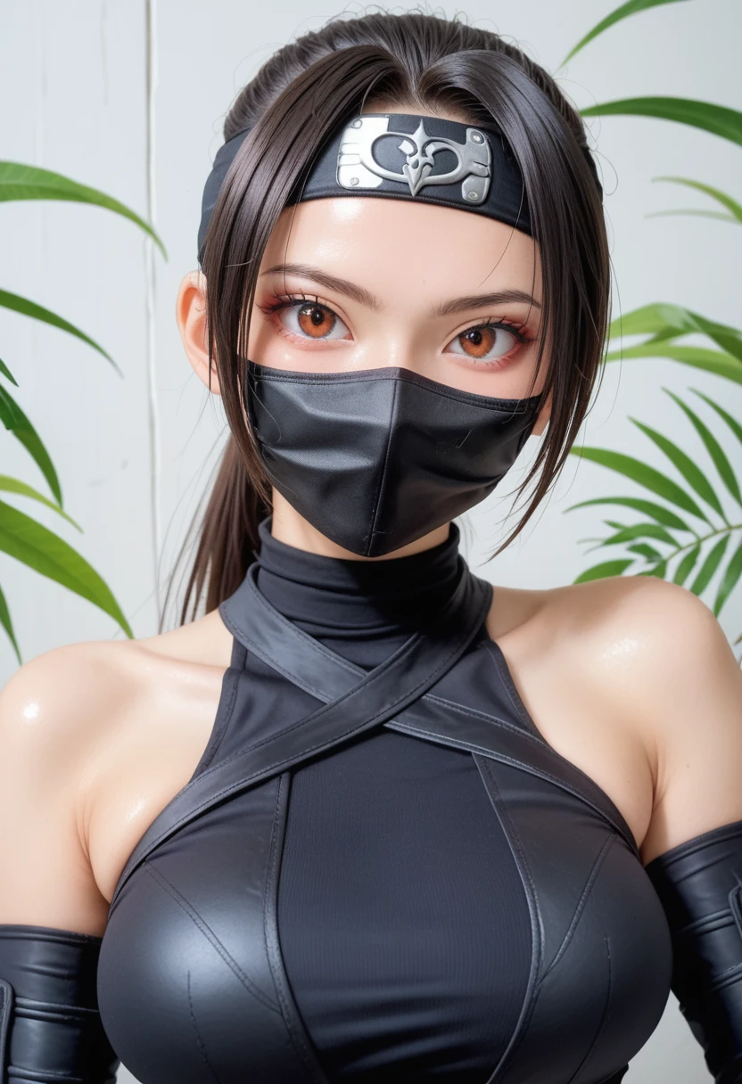 score_9,score_8_up,score_7_up,(pastel-color),(high brightness colors),Cute 20-year-old Japanese 1 girl,solo,(8k, masterpiece, ultra-detailed, best quality, ultra high res, newest, very aesthetic, absurdres, illustration, perfect composition),(hires),looking at viewer,black hair,shiny skin,fair skin,(upper body:1.5),toothless smilev,emphasizing her curvy body and large breasts,(ninja:1.5),(ninja mask:1.3),A sexy female ninja in a tight black ninja outfit, perfectly fitted to emphasize her curves, sharp gaze while holding shurikens, background of a full moon and bamboo grove