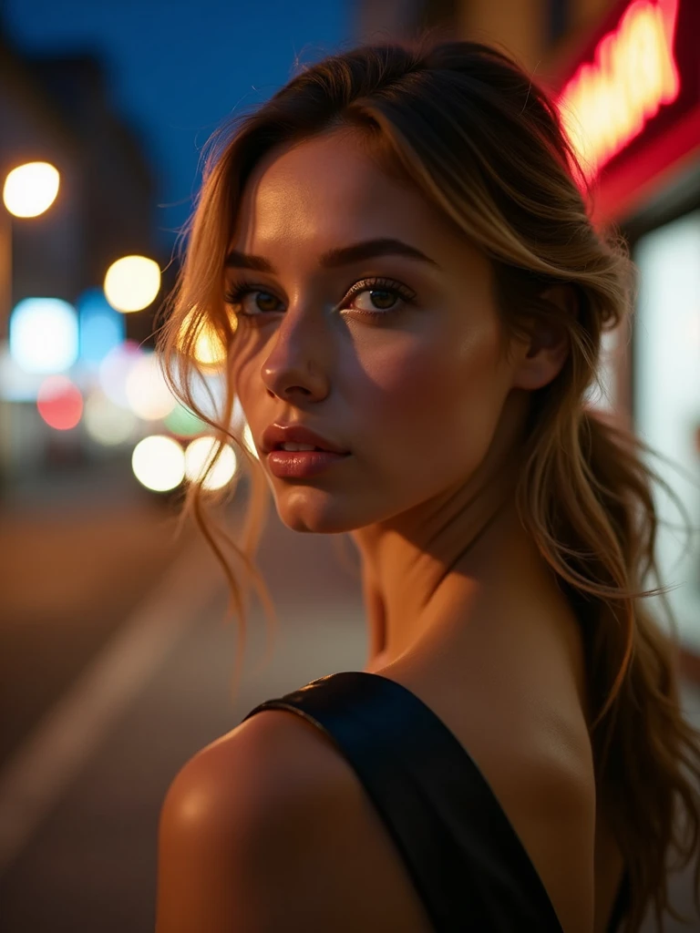 instagram photo, closeup face photo of 18 y.o swedish woman in dress, beautiful face, makeup, night city street, bokeh