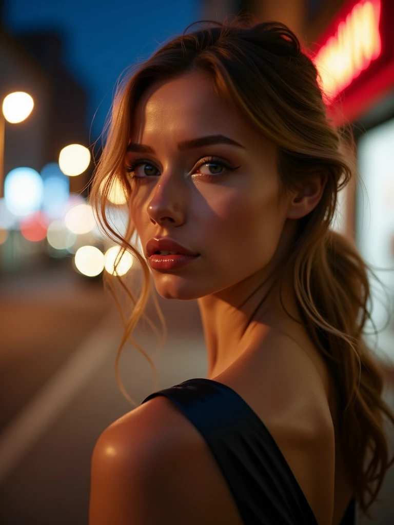 instagram photo, closeup face photo of 18 y.o swedish woman in dress, beautiful face, makeup, night city street, bokeh
