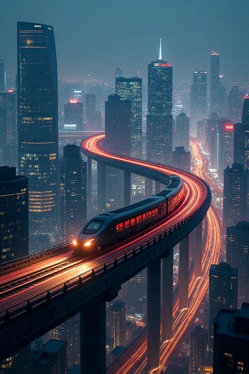 A cool and scenic metropolis and a night view of a train running parallel to a sharply curved highway