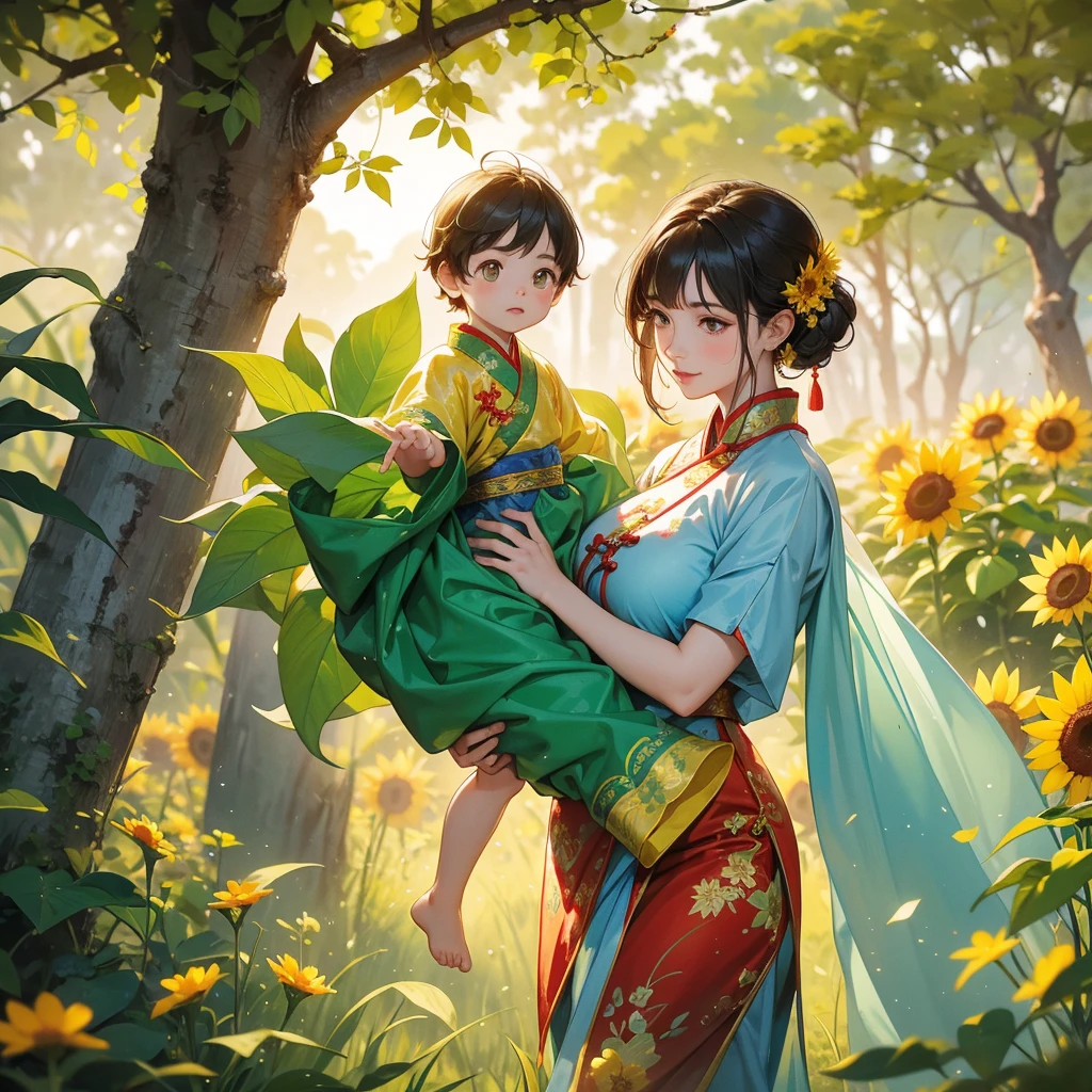 A one-year-old baby boy in an ancient Chinese baby costume with his beautiful mother, dressed in an ancient Chinese costume, Strolling among the sunflower fields Glowing yellow, next to it are lush green trees. In the background are lush green mountains, playing with each other, with his handsome father standing next to his mother, close up