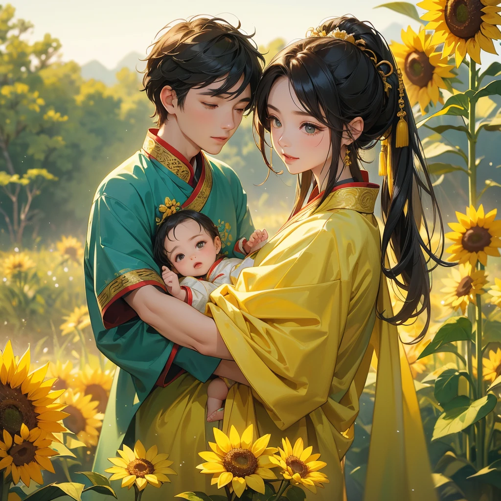 A one-year-old baby boy in an ancient Chinese baby costume with his beautiful mother, dressed in an white ancient Chinese costume, Standing in the midst of a field of bright yellow gold fields, There are some floating clouds, playing with each other, with his handsome father standing next to his mother, close up.
