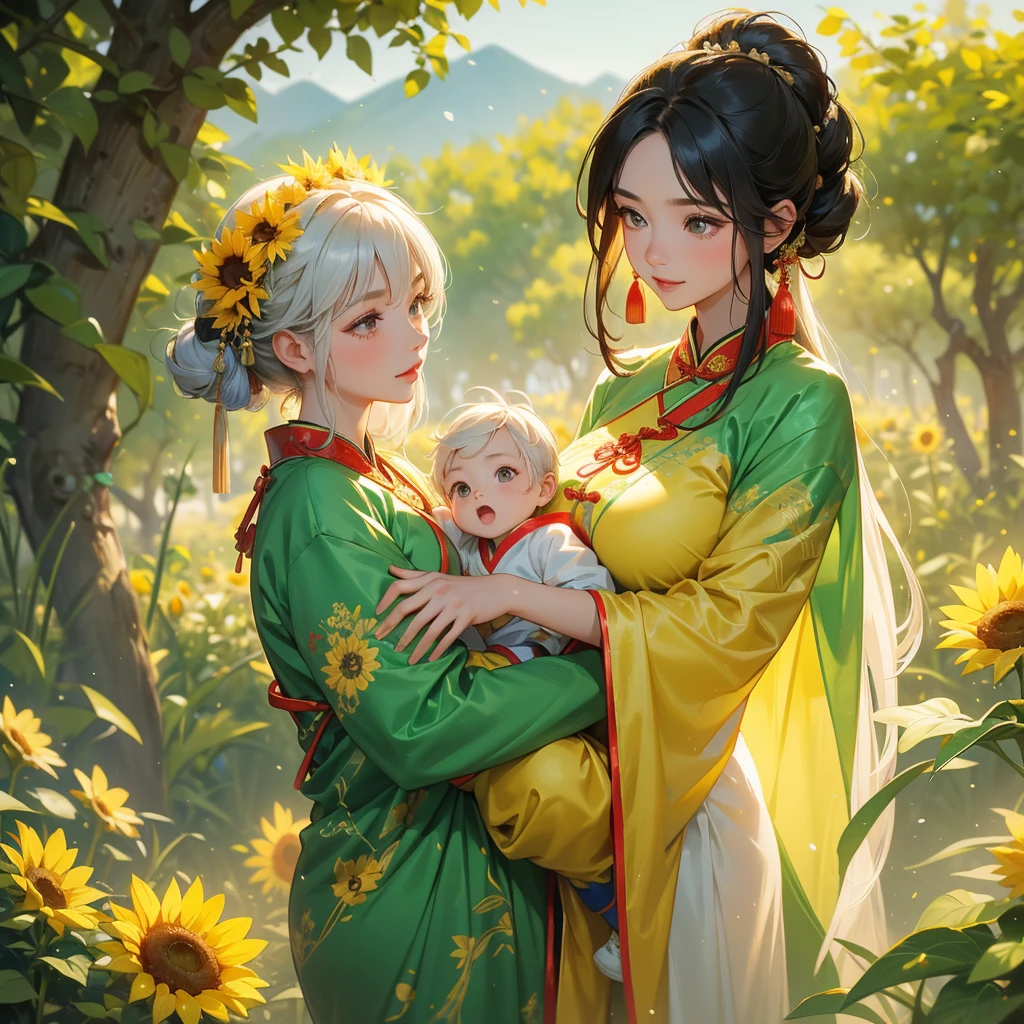 A one-year-old baby boy in an ancient Chinese baby costume with his beautiful mother, dressed in an ancient Chinese costume, Strolling among the sunflower fields Glowing yellow, next to it are lush green trees. In the background are lush green mountains, playing with each other, with his handsome father standing next to his mother, close up