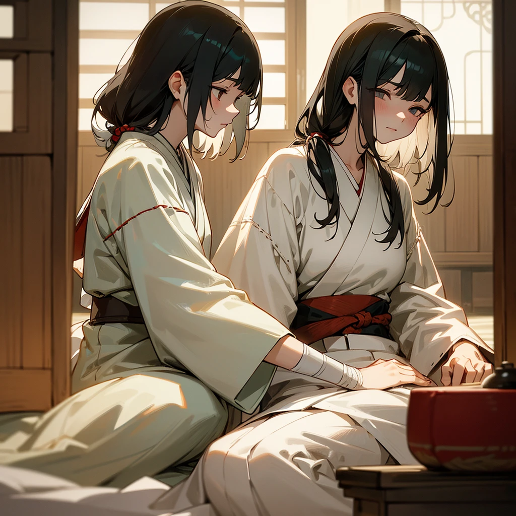 In a traditional Japanese room with wooden shoji screens and paper doors, a samurai warrior lies on a futon, covered in bandages that reveal the intensity of the battle she fought. Her black hair falls loose on the pillow, and her face shows signs of exhaustion, yet still radiates stunning beauty. Beside her, a delicate young woman with snow-white hair and dressed in a white kimono with intricate phoenix embroidery, tends to her with devotion. Her soft and gentle hands change the bandages, while her face shows deep concern and love. The soft, warm light of the room highlights the connection between them, in a scene of tenderness and love amidst battle and pain.
