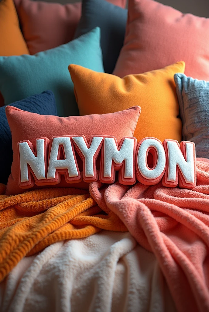 I want a logo with the letters "NAYMON" that has pillows, BLANKETS, and 3D sheets but with a variety of colors