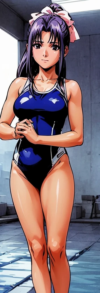 Momoko Koigakubo, with her beautiful legs, is standing by an indoor pool wearing a bright blue high-cut competitive swimsuit with the arena mark and lettering and white lines, with her legs spread to the sides and the index finger of one hand raised.。