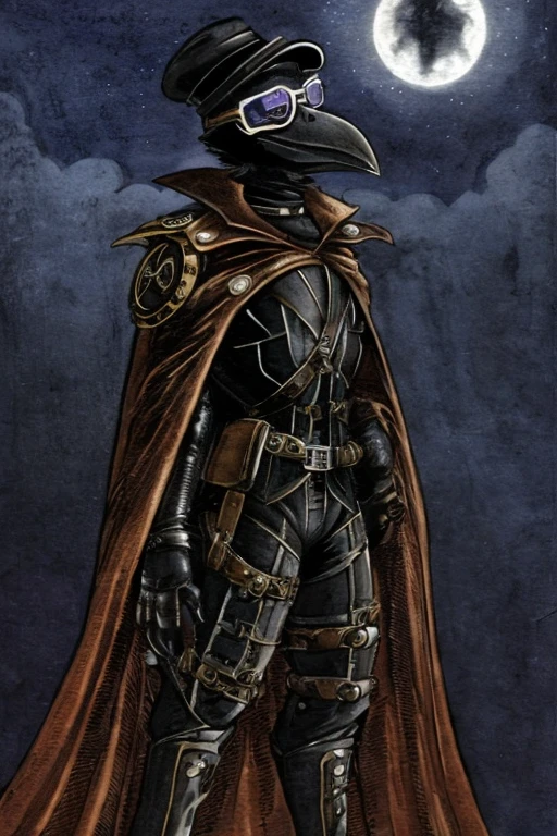 Anthropomorphic crow, wearing a mask, wearing protective glasses, wearing a black superhero costume, wearing cape, at night, Steampunk
