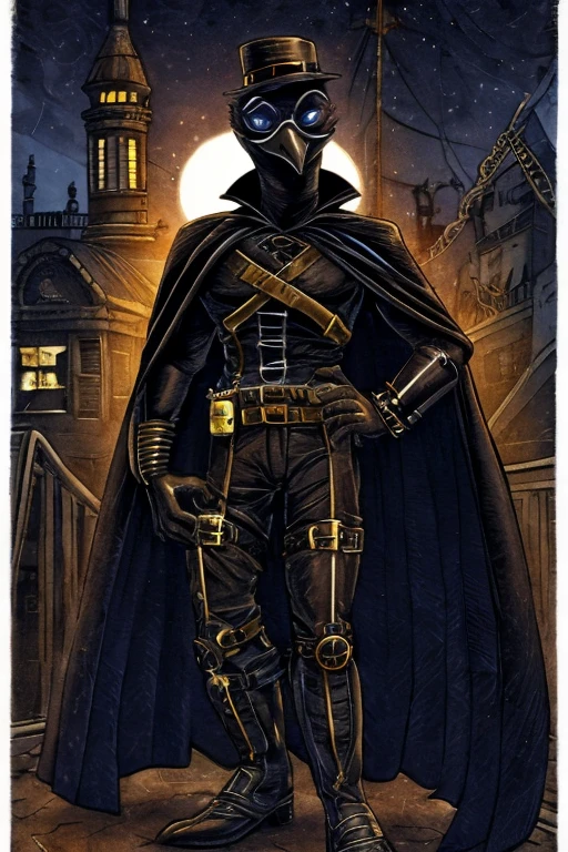 Anthropomorphic crow, wearing a mask, wearing protective glasses, wearing a black superhero costume, wearing cape, at night, Steampunk