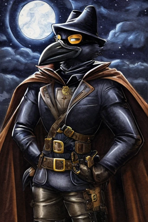 Anthropomorphic crow, wearing a mask, wearing protective glasses, wearing a black superhero costume, wearing cape, at night, Steampunk