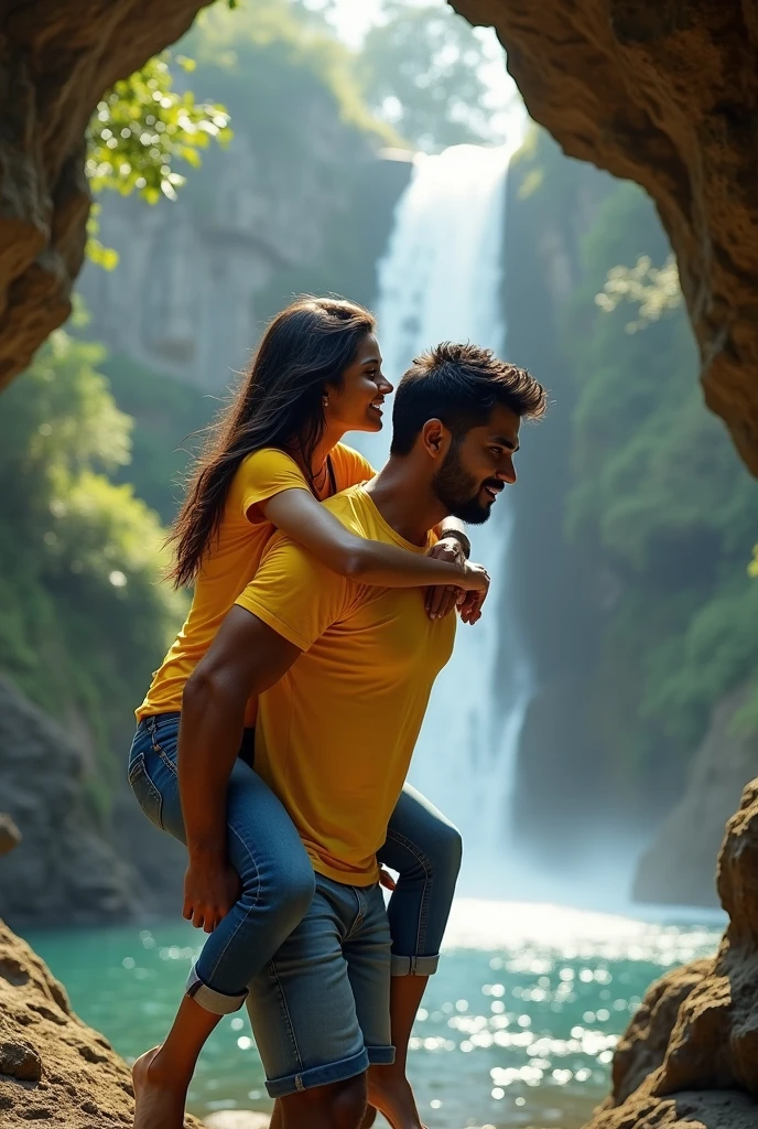 Indian 40 year old man wears white tshirt, lifted 20 year old girl on his shoulder, who wears yellow tshirt and jeans. They both are near the cave, near the waterfall.