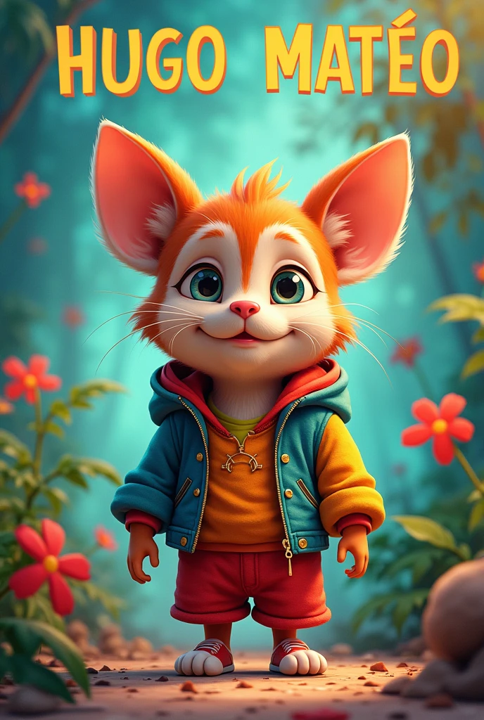 Create a flipbook cover Add Hugo Mateo's name to the cover at the top center of the title.
adding a domestic or jungle animal that is animated with clothes but is not fictional and is colorful.