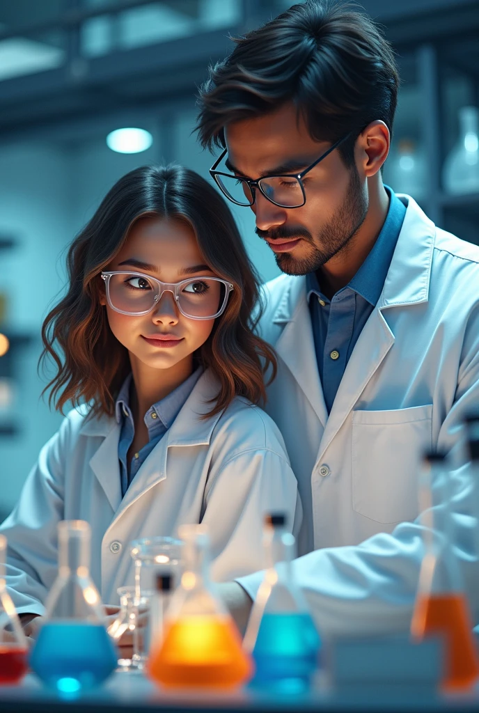 Couple of a short girl with shoulder-length wavy brown hair with honey-colored eyes and glasses, lab coat and lab equipment with tall boy with straight unparted dark brown hair, brown skin dark brown eyes and glasses with a lab coat without a beard or mustache 