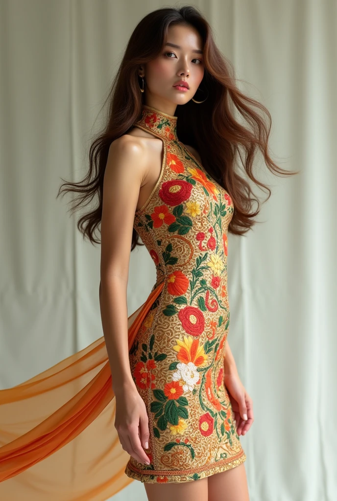 Brown haired female model wearing a costume stylized from pho. knee length dress