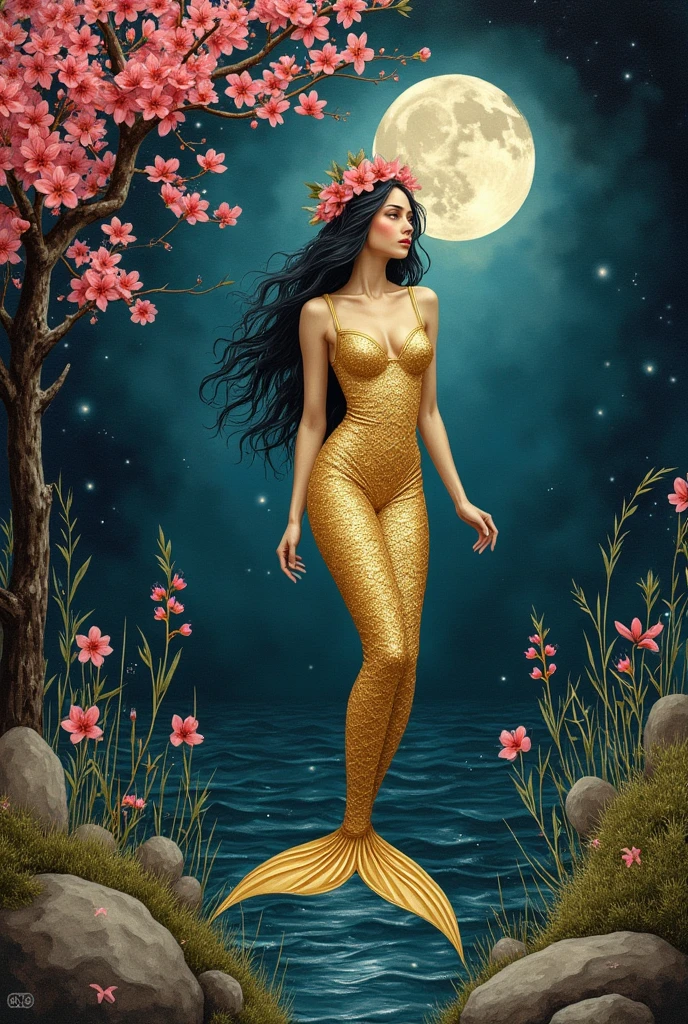 Underwater, Hyper detailed art masterpiece vintage, reflection water ripples, gleaming full body mermaid girl, storm sea, big backdrop moonlight, bubbles, dark, horror, smoke, mist, fog, ink dripping painting style thick visible brush strokes shimmering shiny gold gleaming full body siren girl flower crown on sea with intricate Klimt motifs with red with moss, grass and wildflowers growing out of it with flower ornate detailed clothes by Anton Belovodchenko,. The left side features a highly blossoming pink cherry tree with vibrant red and pink flowers and dark branches. The background all rendered in shades of black and gray. A moonlight is positioned in the upper right corner, adding a splash of color to the monochromatic scene. The overall composition is balanced and harmonious, with a serene and tranquil atmosphere. Masterpiece, award winning photography, Ultra-detailed, k artistic photography, photorealistic, ultra highly detailed, watercolor,