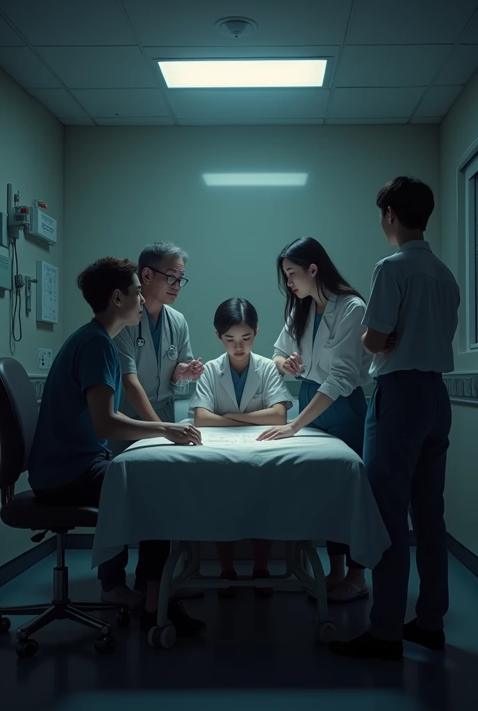 (photorealism:1.2), a group of people planning something in a hospital dim room serious