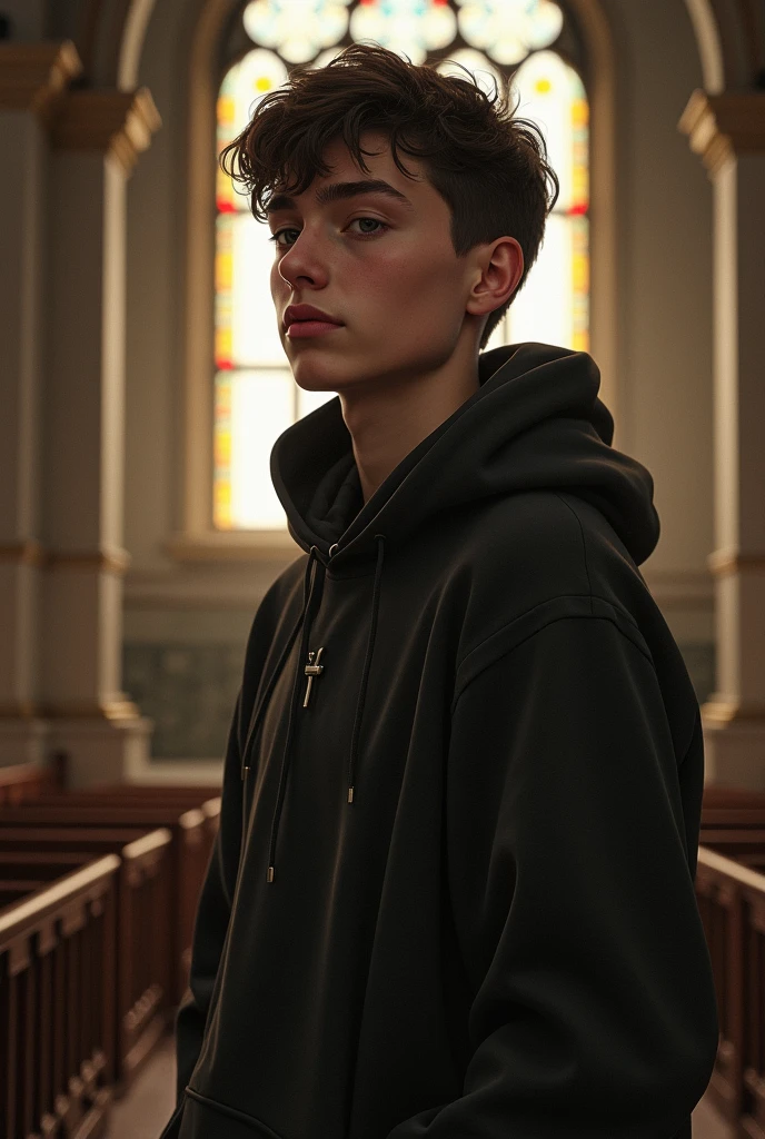 a 21 years old standing at the church whole body realistic picture
