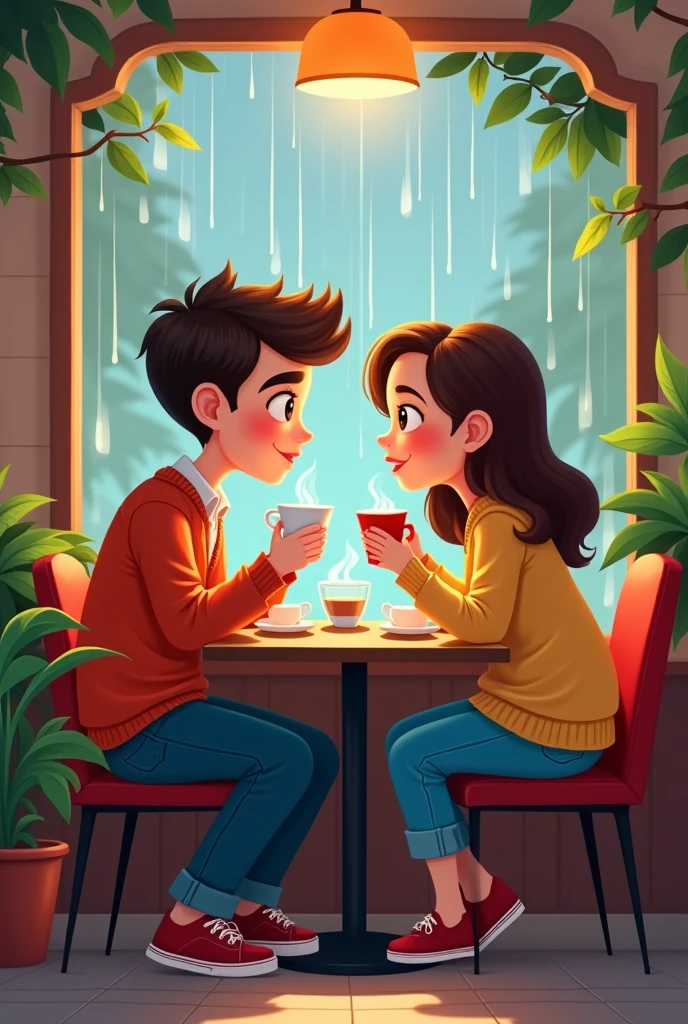 A cartoon of A boy and a girl sitting at restaurant in rainy season . Adult boy and girl. Nothing will remain on hand. Eye to eye