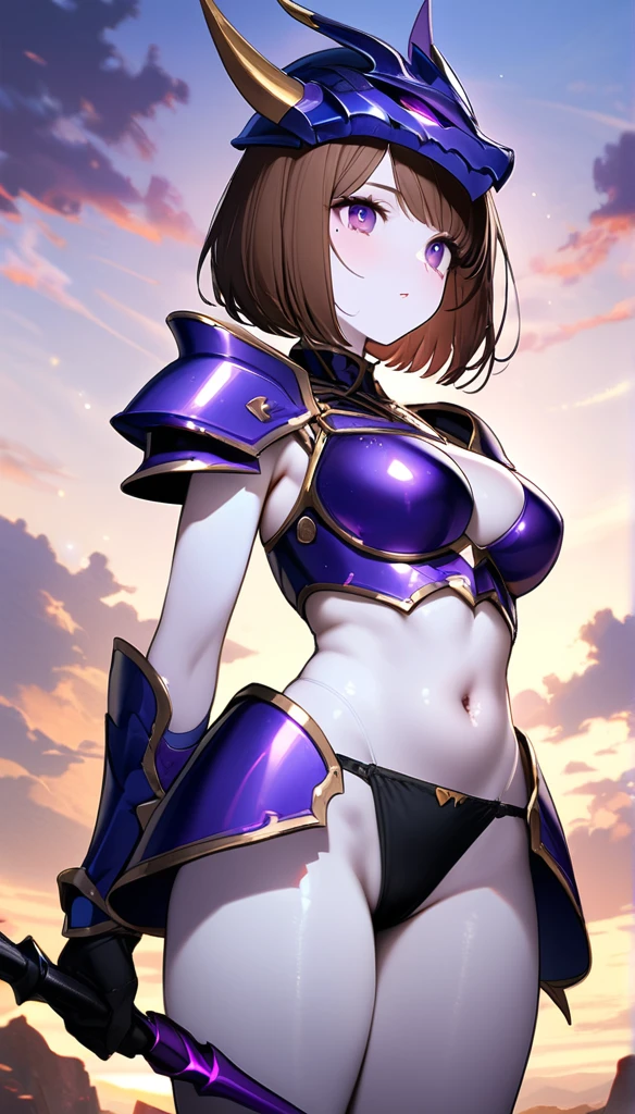 (One Woman),(Best image quality, 32K, masterpiece:1.3),((Brown hair bob cut:1.1)),(Swept-apart bangs,Braiding), (Cute eyes, Dark Eyes), (Detailed eyes),(Mole under right eye), (Standard weight), (Glowing Skin:1.1),(Pale skin:1.2),(A fantastic atmosphere),(look up),Ultra-high resolution, Textured skin, Sparkle Effect,
Final Fantasy,female dragon knight,Blue-purple bikini armor,Black panties,Black spats,belly button,muscle,Blue and purple armor,Blue-purple dragon helmet,
Panty shot blue sky,cloud,fly in the sky,
Have Gungnir,With Lance,