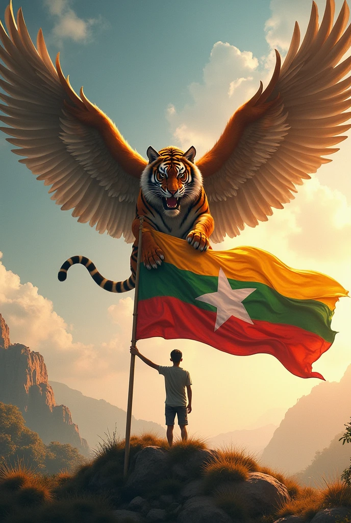 ​တောင်ပံပါတဲ့ခြင်္သေ့ကြီးစီးပြီးမြန်မာနိုင်ငံအလံကိုင်ထား​သော လူငယ်တစ်​ယောက်