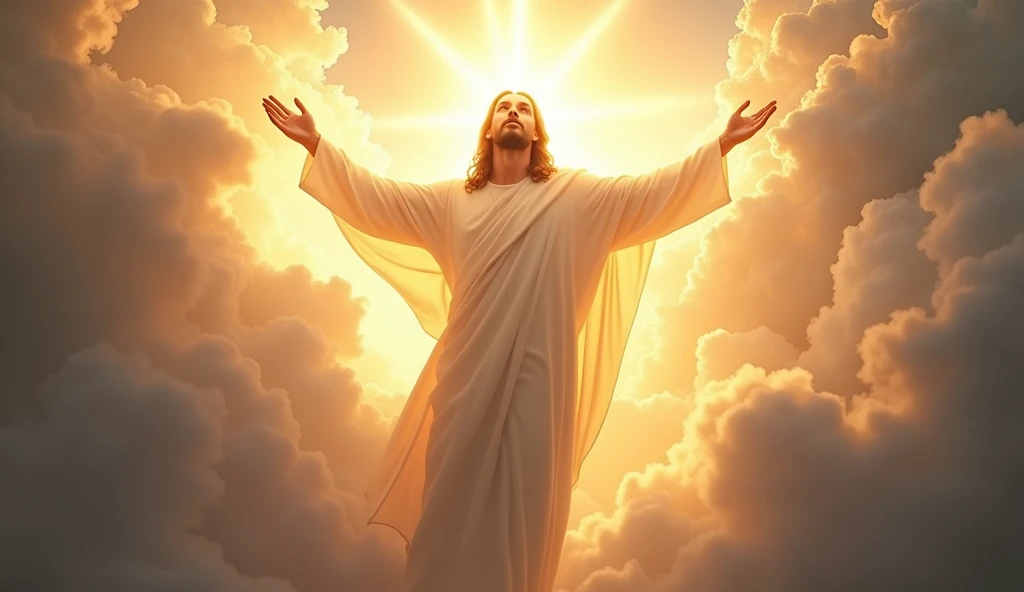 Image of Jesus Arapeddik in the clouds with outstretched arms, Holy and divine rays, Jesus Christ in the heavenly air, A bright light from the sky, luz celestial, bright light masterpiece, Bright God Ray, divine light, The new rays of the sun, majestic light, The Holy Ray of Spiritual Light, The Lord and the Savior, Jesus, Full of sacred light, holy rays
