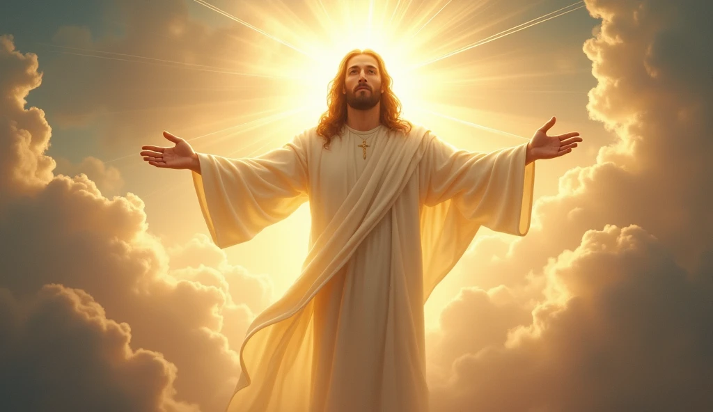 Image of Jesus Arapeddik in the clouds with outstretched arms, Holy and divine rays, Jesus Christ in the heavenly air, A bright light from the sky, luz celestial, bright light masterpiece, Bright God Ray, divine light, The new rays of the sun, majestic light, The Holy Ray of Spiritual Light, The Lord and the Savior, Jesus, Full of sacred light, holy rays