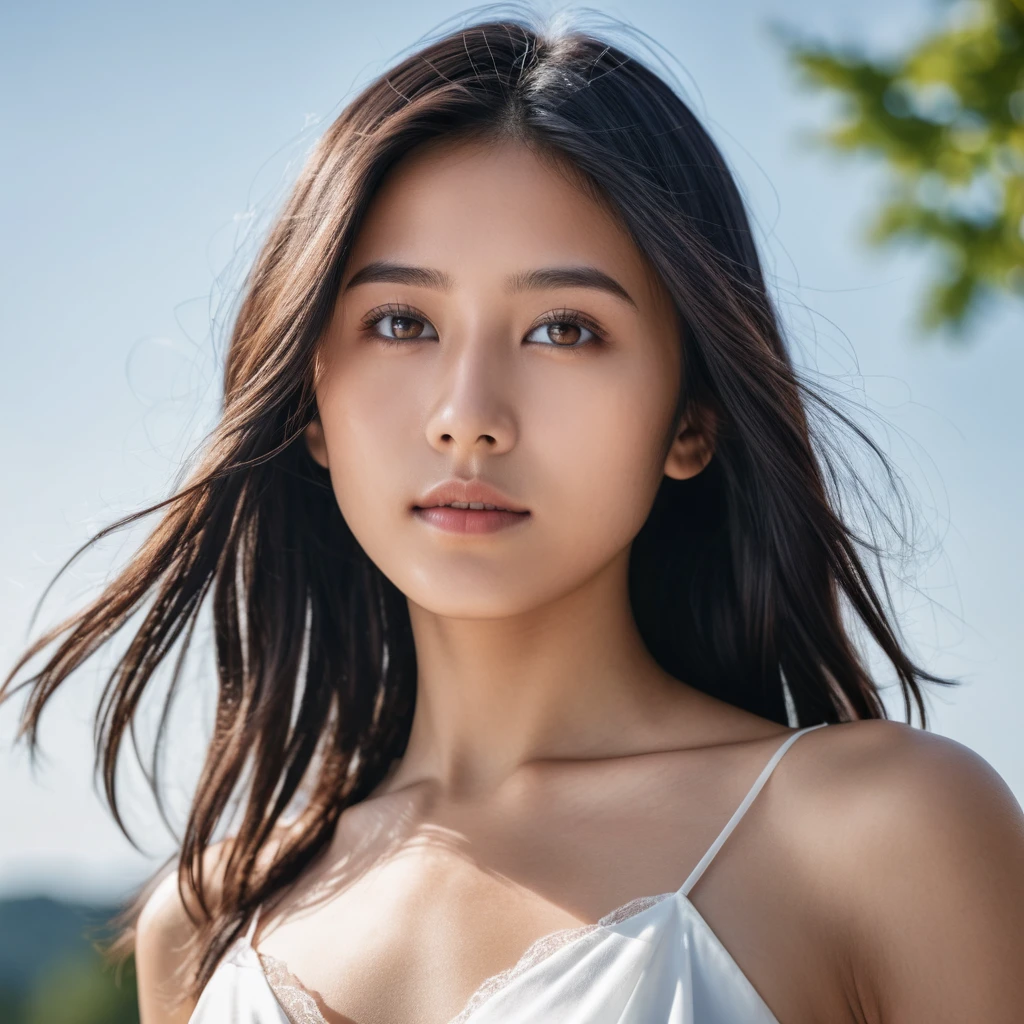 Yui, photo of female, , black shoulder length hair with brown highlights; (dslr, ultra quality, film grain, Fujifilm XT3, crystal clear, 8K UHD, highly detailed glossy eyes, high detailed skin, skin pores); wear white slip dress, sky background, low angle photo