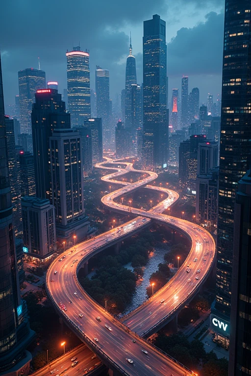 A cool and scenic cityscape with a winding highway at night