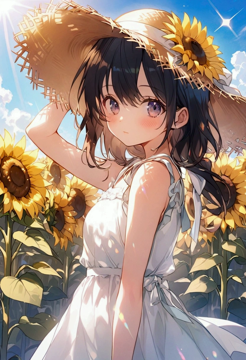 a girl,Ocean、Sunflower field、Straw hat、Strong sunlight、sparkle、Posing、cute