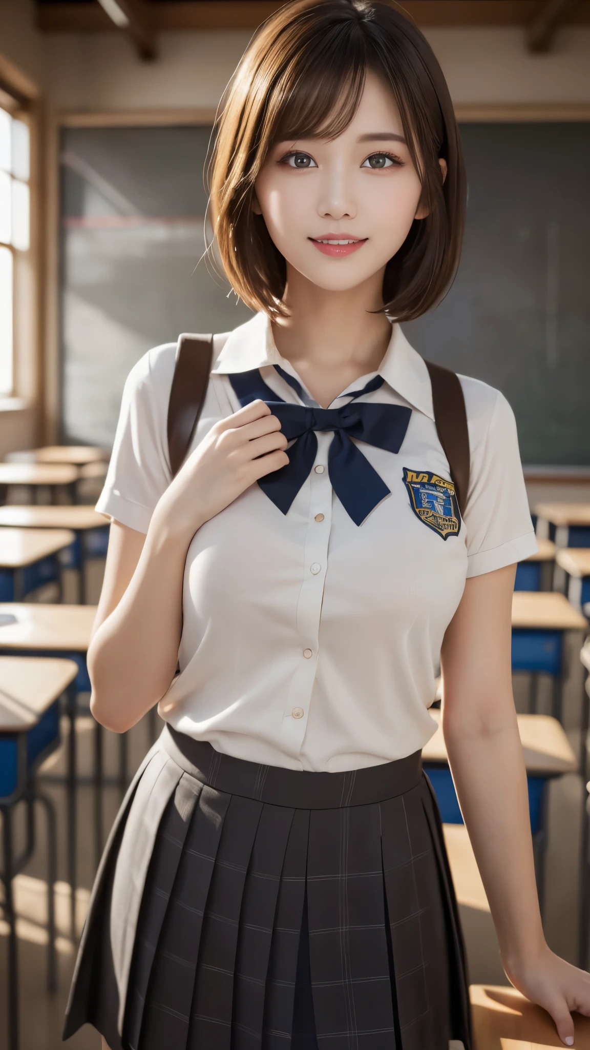 (photorealistic, 32k, RAW photo, best quality: 1.4), (masterpiece:1.3), (absurdres, attractive, ultra high resolution, ultra realistic, highly detailed, golden ratio, ultra detailed, super fucking beautiful detailed face), natural makeup, detailed cloth texture, detailed hair texture, beautiful detailed fullbody, Perfect female body, accurate, Anatomically correct, Highly detailed face and skin texture, (beautiful hands), (realistic skin), (beautiful pale skin:1.1), (beautiful large breasts:1.2), (thighs:1.2), (cowboy shot:1.3), (Perfect dynamic composition, looking at viewer), 
BREAK, 
realistic eyes, beautiful detailed eyes, symmetric eyes, Light Brown eyes, Double eyelids, Thin eyebrows, (Glossy lips:1.4), ((A face with waiting for a kiss, Seductive smile:1.2)), (weat skin, blush:1.1), 
BREAK, 
((short hair, bob, Dark blonde hair, bangs:1.2)), Daytime, ((Standing in classroom:1.3)), (school uniform:1.3)