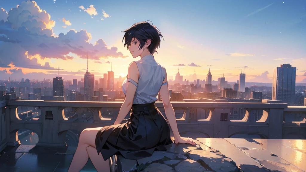 a close up of a person sitting on a ledge with a city in the background, an anime drawing by Yuumei, trending on pixiv, realism, anime asthetic, anime wallpaper 4k, anime wallpaper 4 k, ( ( makoto shinkai ) ), anime art wallpaper 8 k, anime art wallpaper 4 k, anime art wallpaper 4k