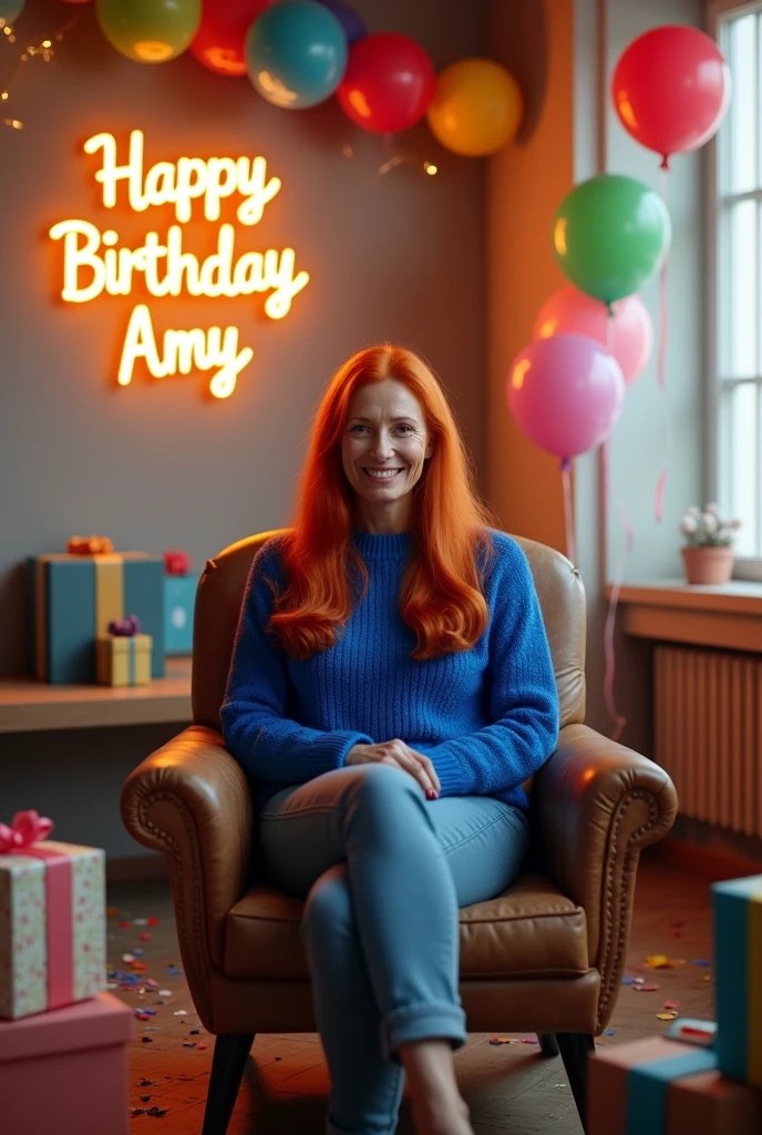 Realistic image of a birthday . There are balloons of various colors floating and stuck to the walls, as well as streamers and confetti scattered on the floor. A lighted sign with the letters "HAPPY BIRTHDAY AMY" hangs on the wall. In the center of the room is an armchair with an adult Caucasian woman with long red hair, The woman is dressed in a royal blue sweater and is surrounded by gift boxes..