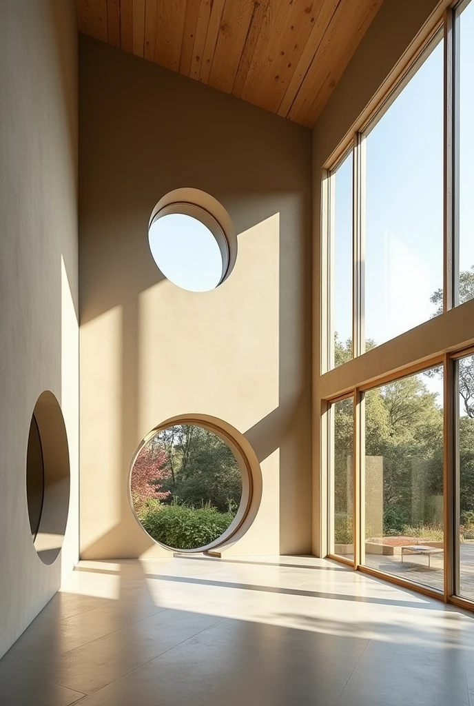double-height interior space with a left wall with a single circular opening that faces the patio that gives all lighting to the back wall, another medium horizontal window that joins the back wall in the corner, the third wall Right has huge windows with large separations
