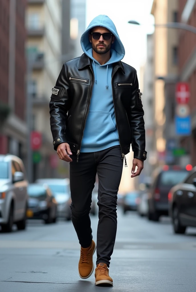 Black leather jacket, underneath a light blue hooded sweatshirt, black jeans and camel-colored shoes
