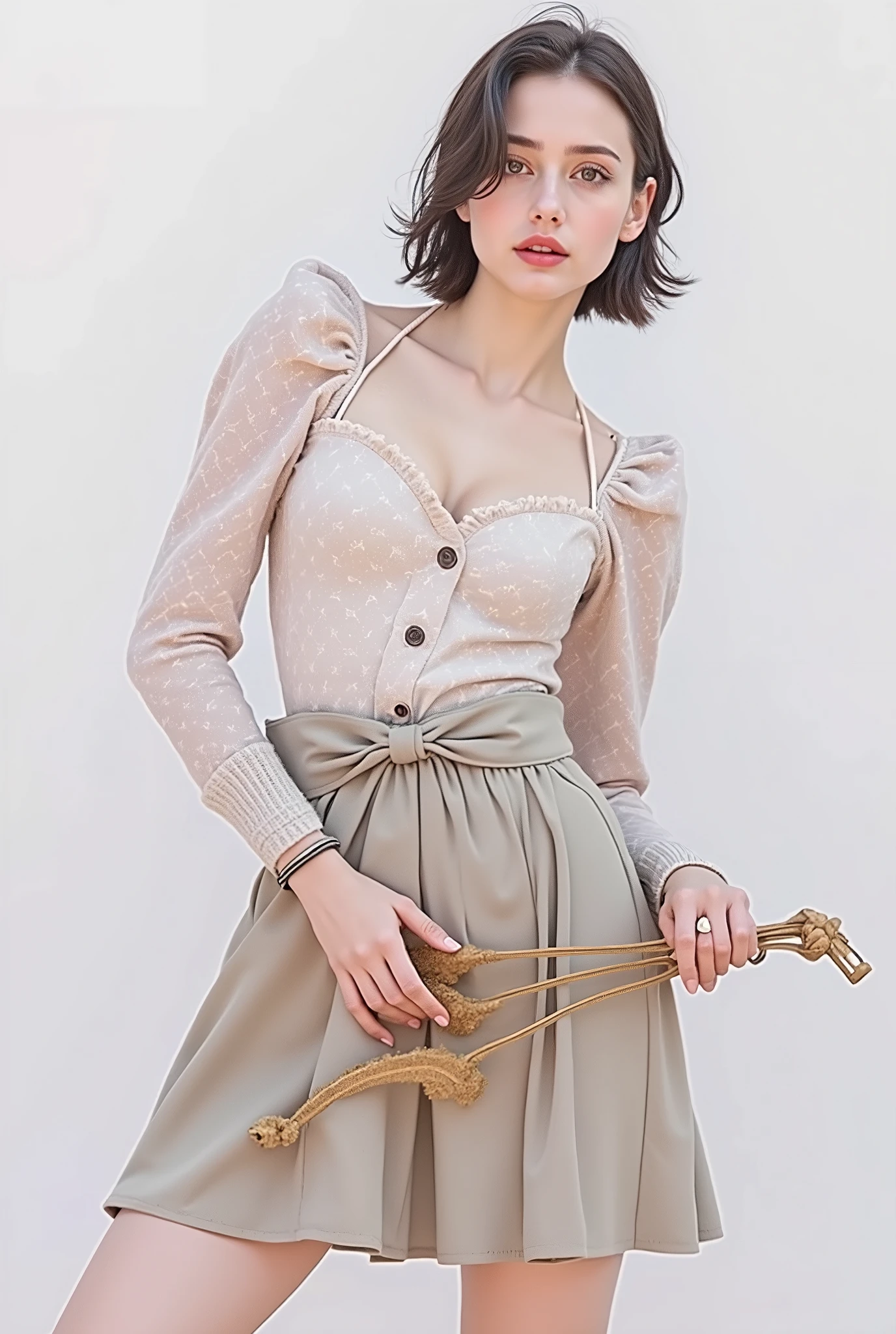 RAW photo, best quality, masterpiece, photorealistic, Polish girl, 20 years old, black hair, Light grey eyes, short bob cut, hair in 7 thirds, hair over one ear, Symmetrical eyes, solo, Detailed Skin, Detailed face, Big Breasts, rip gloss, blush