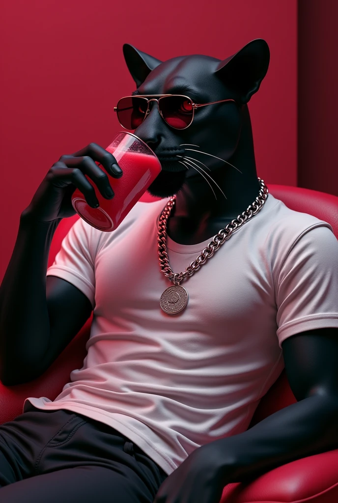 Pink Panther wearing sunglasses and tshirt with a chain drinking juice with maroon background
Make pink Panther black