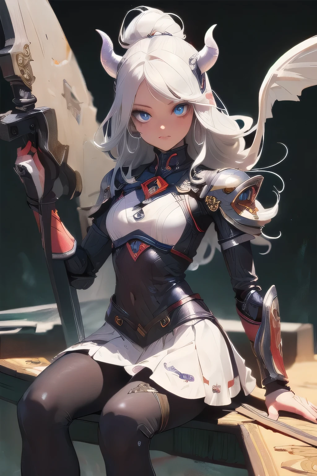 ((Highly accurate drawing in every detail)Extremely precise depiction)[High resolution],(detailed illustrations,Very fine and detailed drawing,Delicate drawn lines with tempo,Realistic texture expression),[color traced main line],(Fantasy World Battlefield Background [burning castle]),(GIRL ROBOT 15yo (White Devil [METALFACE[clear lenticular iris]] (SKINNY)) [WEAPON MACHINE][milky],[BODY with EDGE [Transparent material]],[use an ax as a weapon],[[Mobile Weapon Gigant Size][science fiction mechanical]],(Pearl white luster on the body surface),(intricate and beautiful decoration [Dense detail]),(Precisely drawn face)[perfect eye details(Beautifully detailed iris)(Eyes like deep jewels)],(eyes light[Pinpoint lighting for the eyes]),[long and beautiful eyelashes],[precisely drawn hair [Beautiful and shiny hair details]],(perfect hand details [Beautiful fingers with no damage [beautiful nails]]),(perfect anatomy(perfectly balanced proportions))[[full body portrait]],[ideal color coordination(Accurate simulation of light and material interactions)],[Visual art that tells a story],((highest quality)fine[[High density drawing]])(4K Quality).cowboy style,dynamic pose,sit cross-legged,skirt