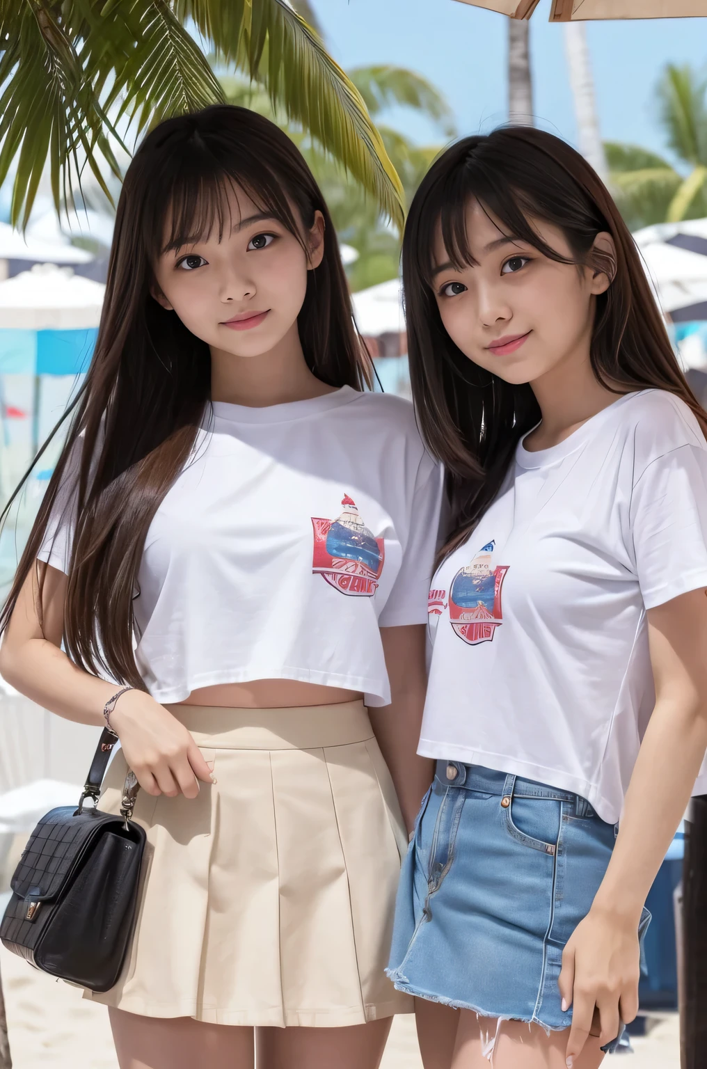 Two girls (20 years old, Japanese cute face) are wearing white Tshirts, mini skirt at the beach bar