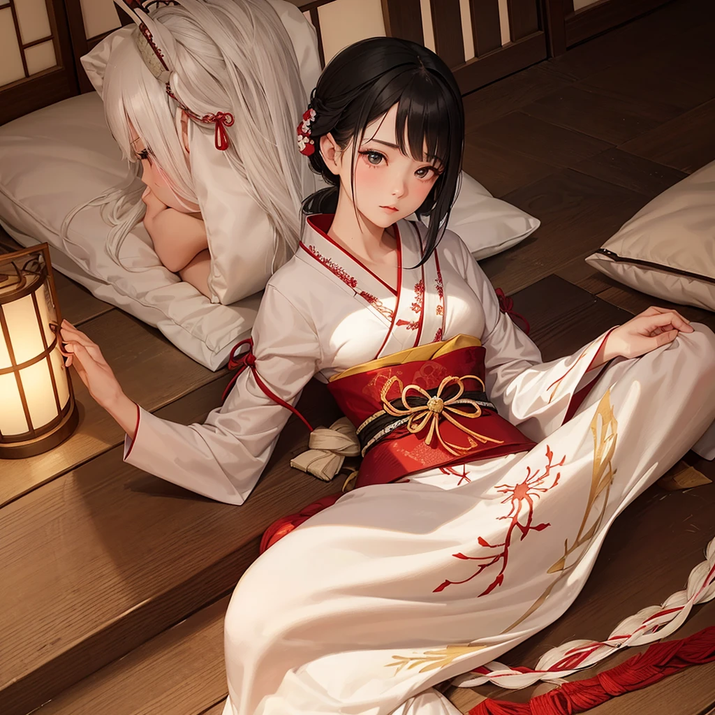 In a traditional Japanese room with wooden shoji screens and paper doors, a samurai warrior lies on a futon, covered in bandages that reveal the intensity of the battle she fought. Her black hair falls loose on the pillow, and her face shows signs of exhaustion, yet still radiates stunning beauty. Beside her, a delicate young woman with snow-white hair and dressed in a white kimono with intricate phoenix embroidery, tends to her with devotion. Her soft and gentle hands change the bandages, while her face shows deep concern and love. The soft, warm light of the room highlights the connection between them, in a scene of tenderness and love amidst battle and pain.