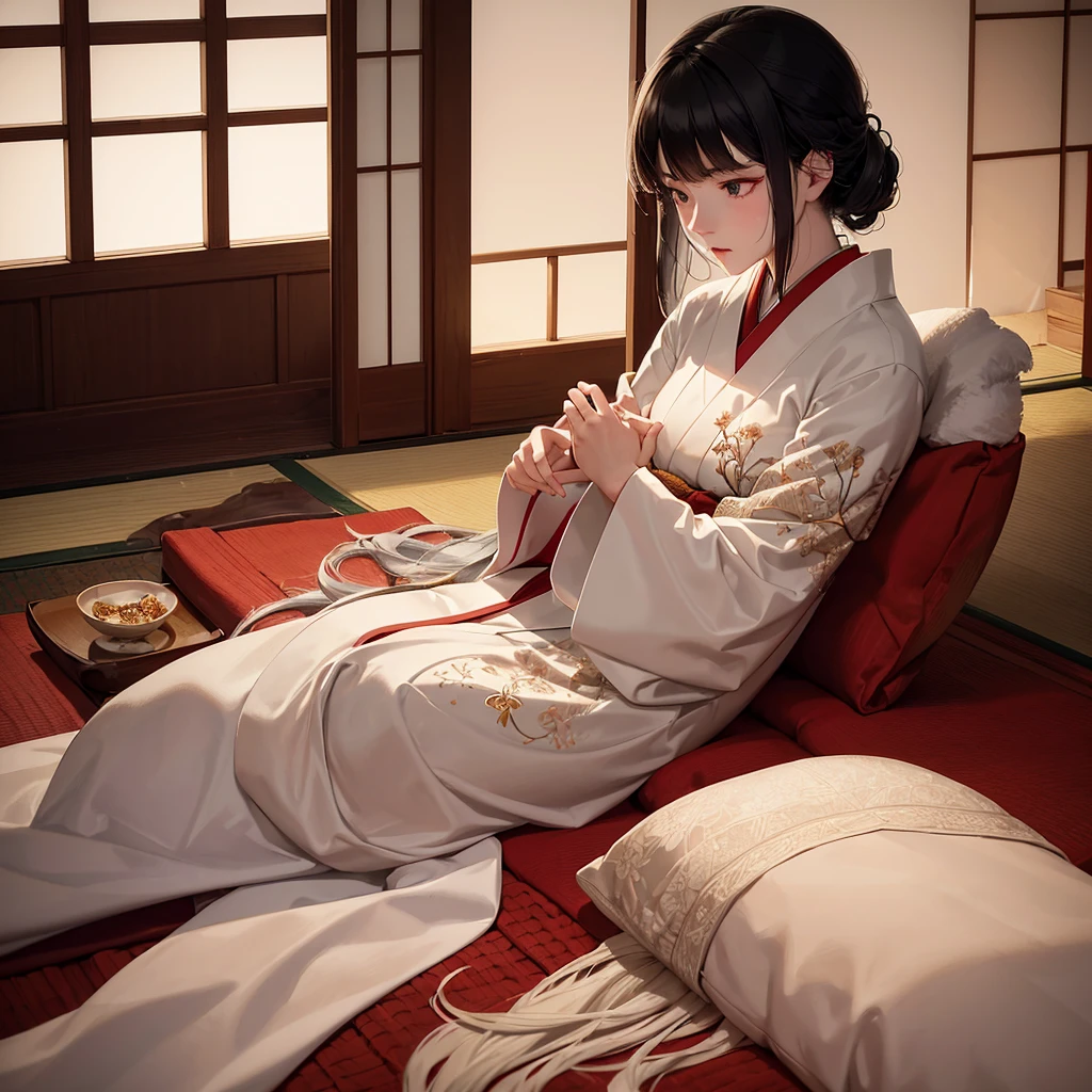 In a traditional Japanese room with wooden shoji screens and paper doors, a samurai warrior lies on a futon, covered in bandages that reveal the intensity of the battle she fought. Her black hair falls loose on the pillow, and her face shows signs of exhaustion, yet still radiates stunning beauty. Beside her, a delicate young woman with snow-white hair and dressed in a white kimono with intricate phoenix embroidery, tends to her with devotion. Her soft and gentle hands change the bandages, while her face shows deep concern and love. The soft, warm light of the room highlights the connection between them, in a scene of tenderness and love amidst battle and pain.