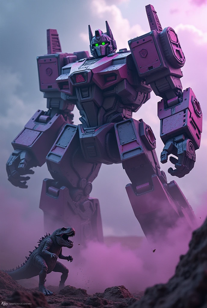 intricate, detailed mecha-inspired Megatron robot, massive robotic T-rex, epic battle scene, dynamic poses, dramatic lighting, cinematic composition, intense purple and blue color tones, photorealistic, 8k, best quality, masterpiece